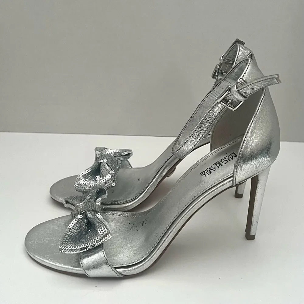 Michael Kors Paris Leather Stiletto‎ Heels Womens 7 Silver Metallic Bow Designer